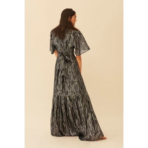 BA&SH Black Gold Metallic V-Neckline Nixon Short Sleeve Maxi Dress Size US 6 - Picture 4 of 16